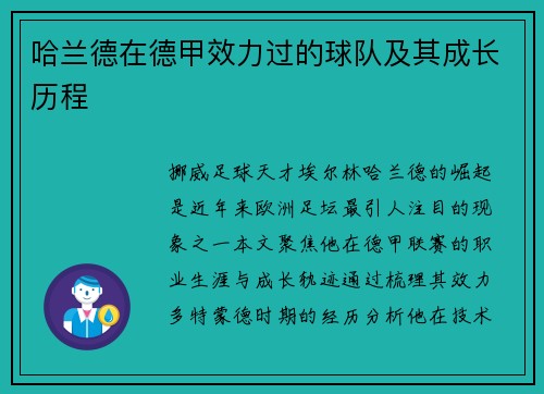 哈兰德在德甲效力过的球队及其成长历程